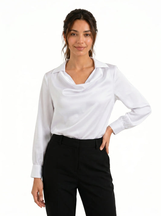 Korean Cowl Neck Shirt: Silky White