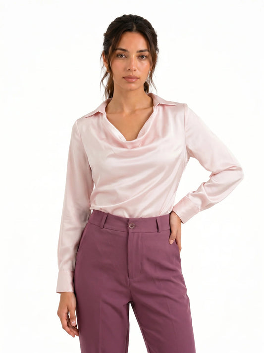 Korean Cowl Neck Shirt: Silky Pink