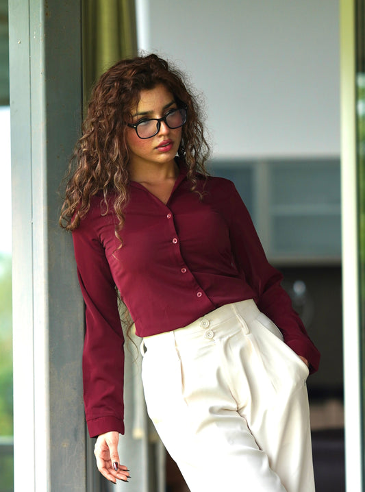Bossbella lightweight maroon shirt off-white trouser - summer office wear women India