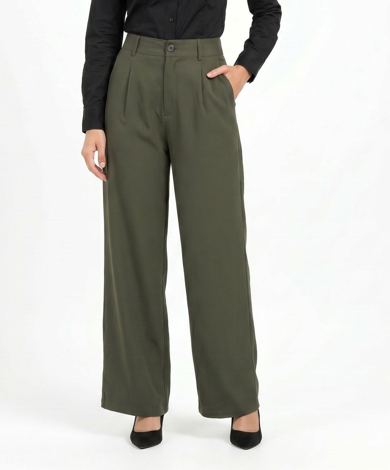 Easy Fit Mid-Waist Pants : Olive