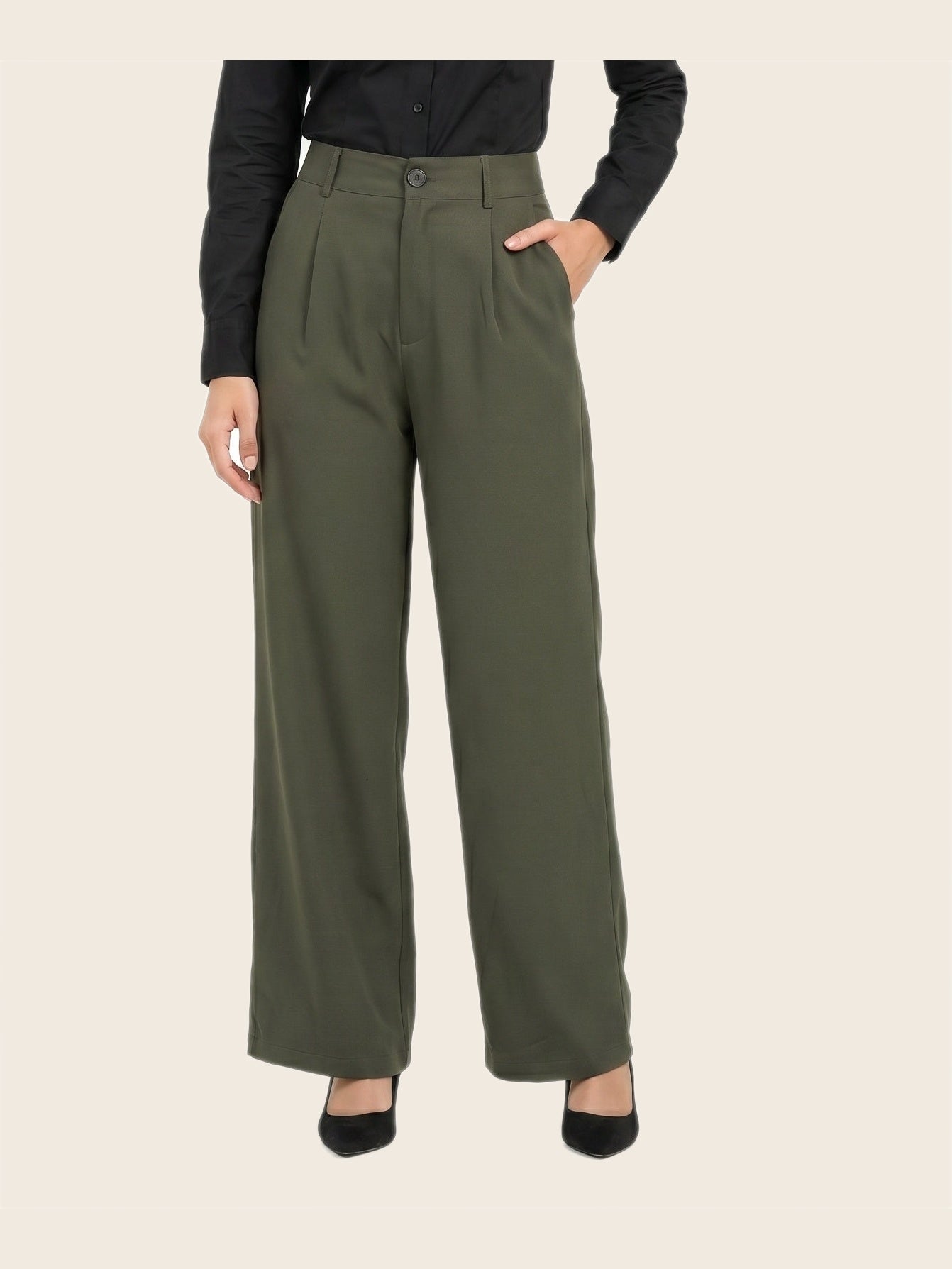 Easy Fit High-Waist Pants Olive - warm bone background