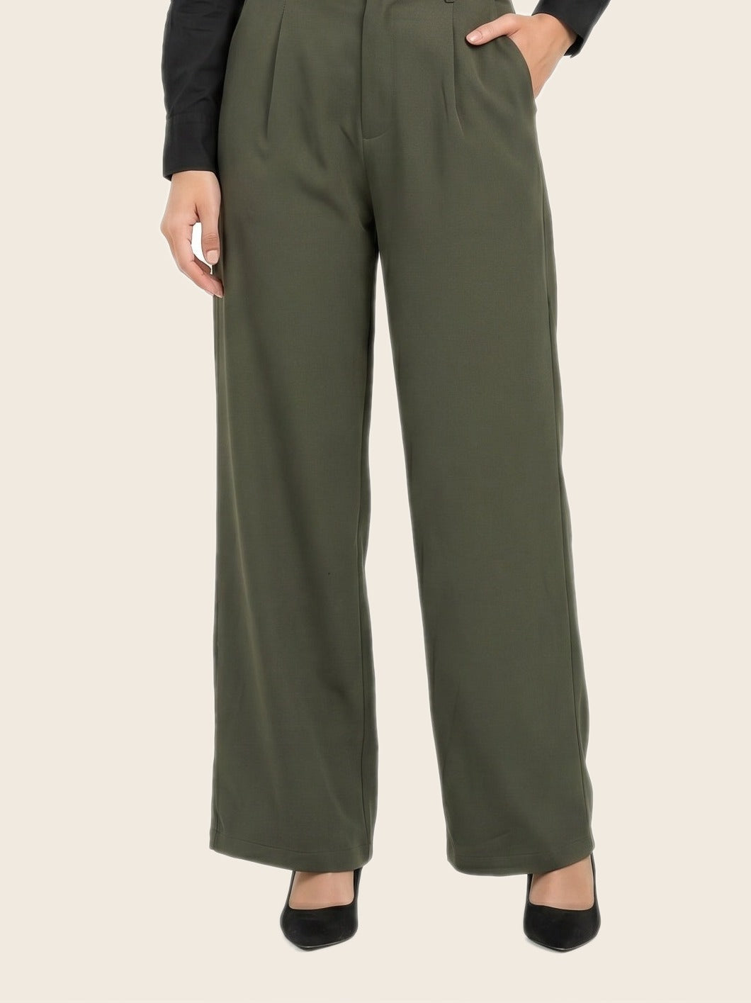 Easy Fit Mid-Waist Pants Olive - warm bone background
