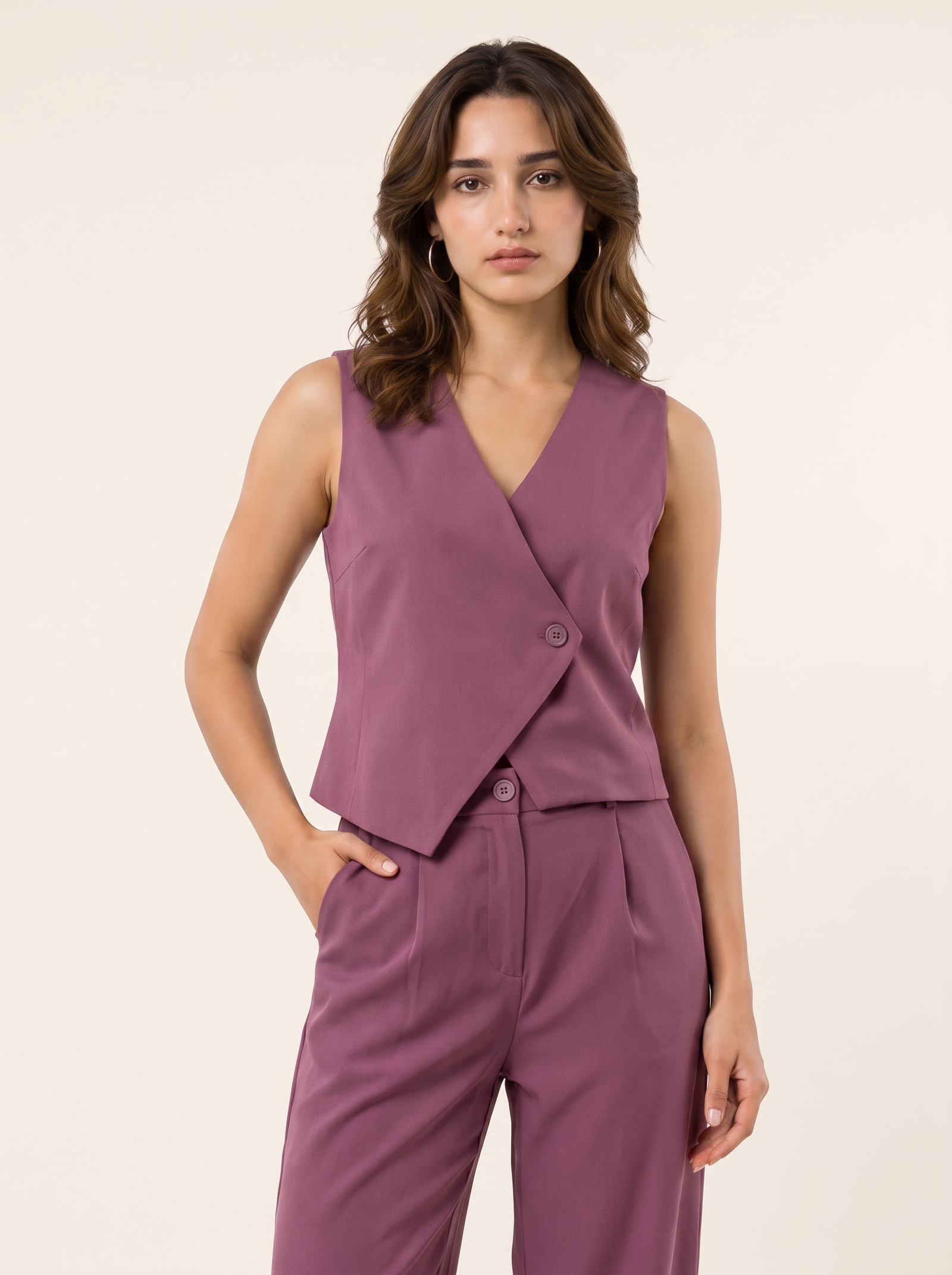 Slash It Waistcoat With Trousers: Mauve on warm bone background