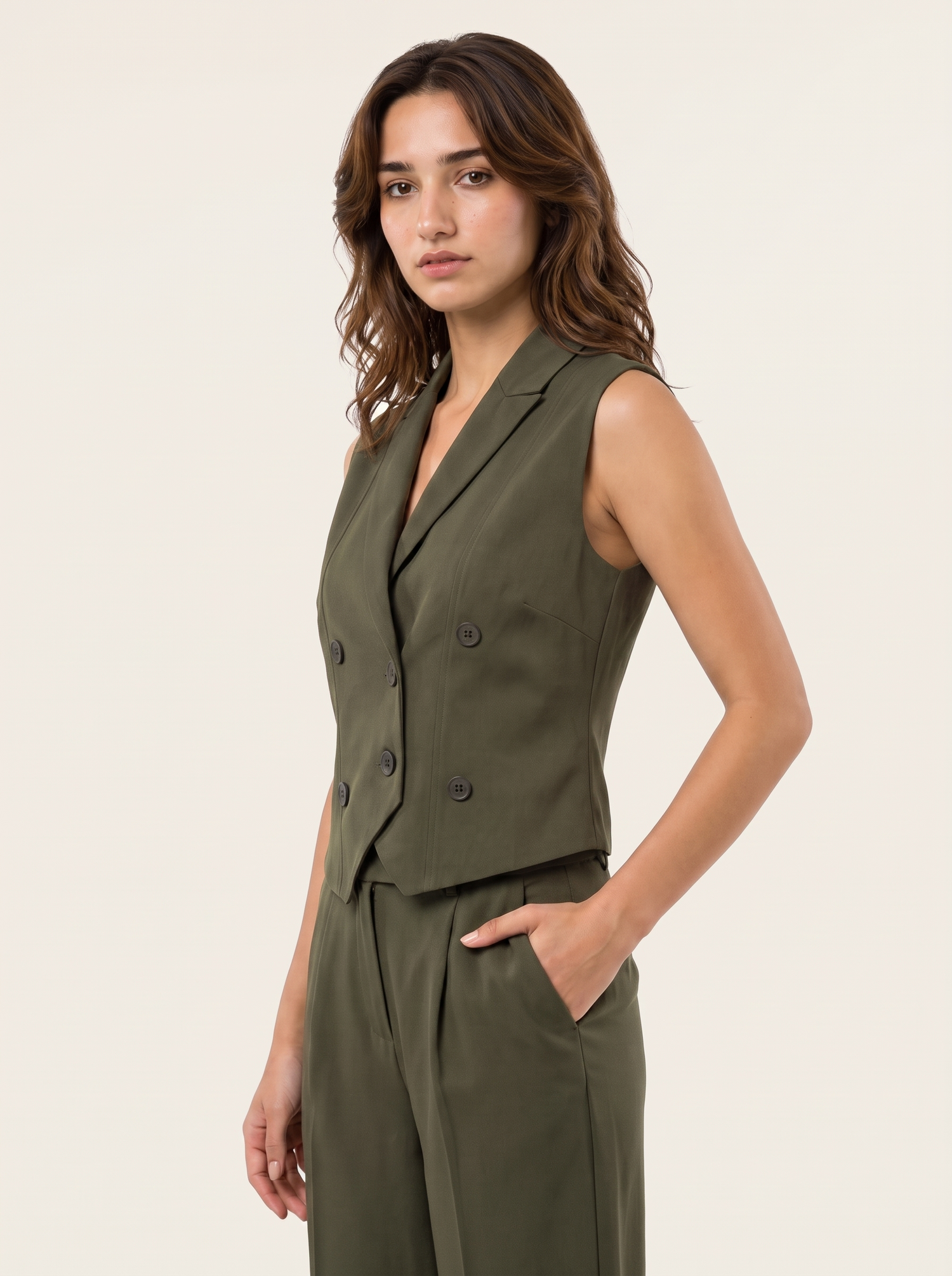 Boss It Waistcoat With Trousers: Olive on warm bone background