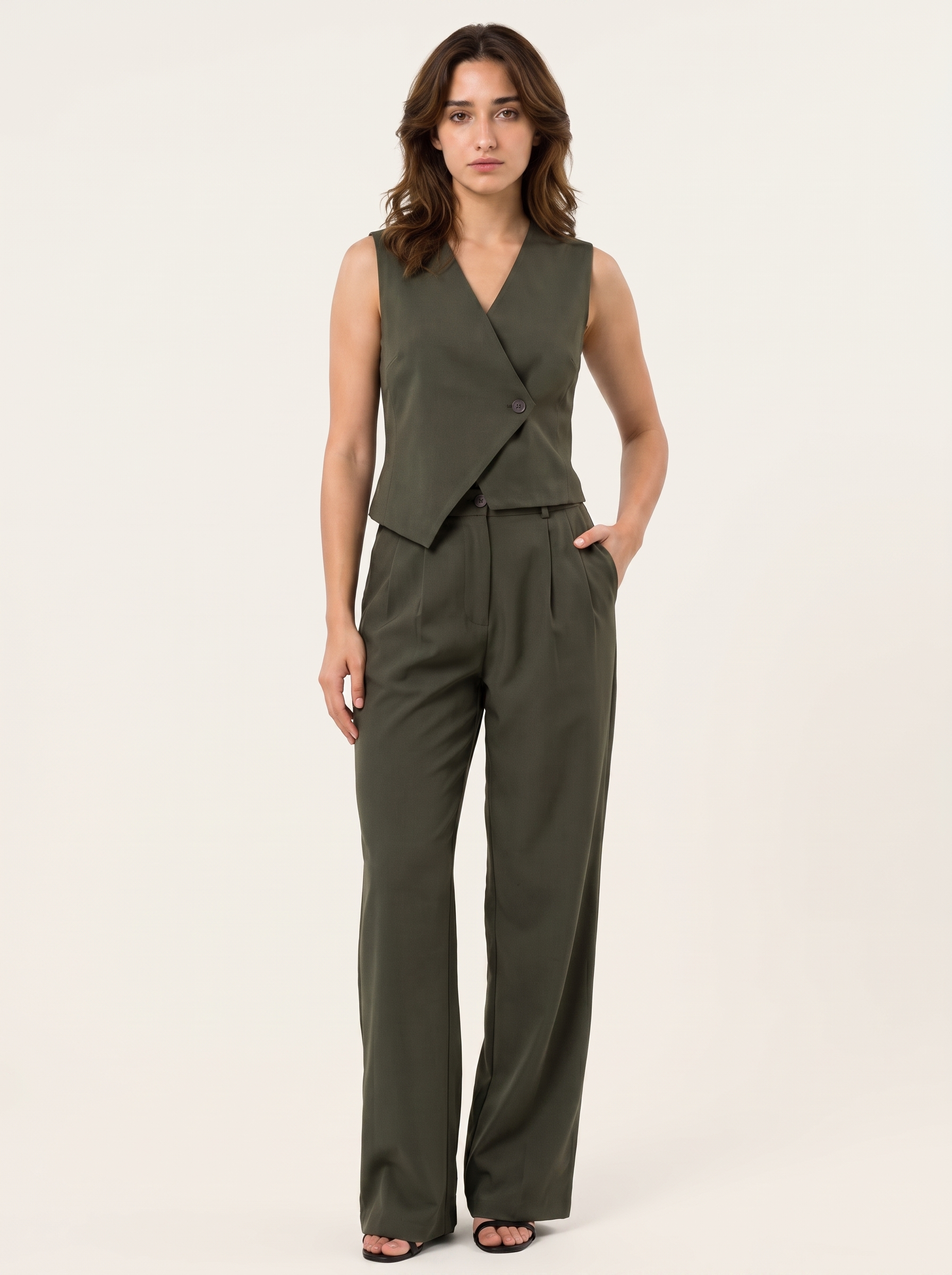 Slash It Waistcoat With Trousers: Olive on warm bone background