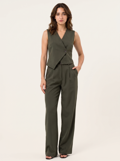 Slash It Waistcoat With Trousers: Olive on warm bone background