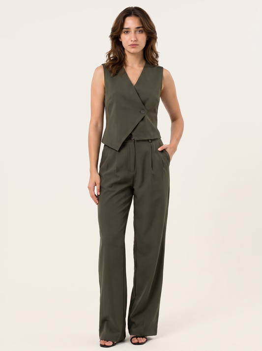 Slash It Waistcoat With Trousers: Olive on warm bone background