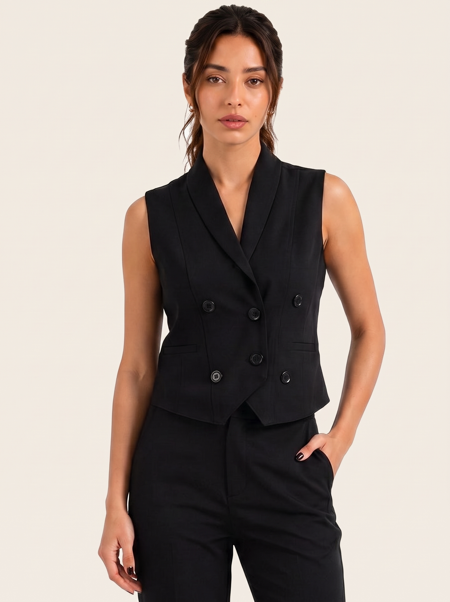 Boss It Waistcoat: Black on warm bone background