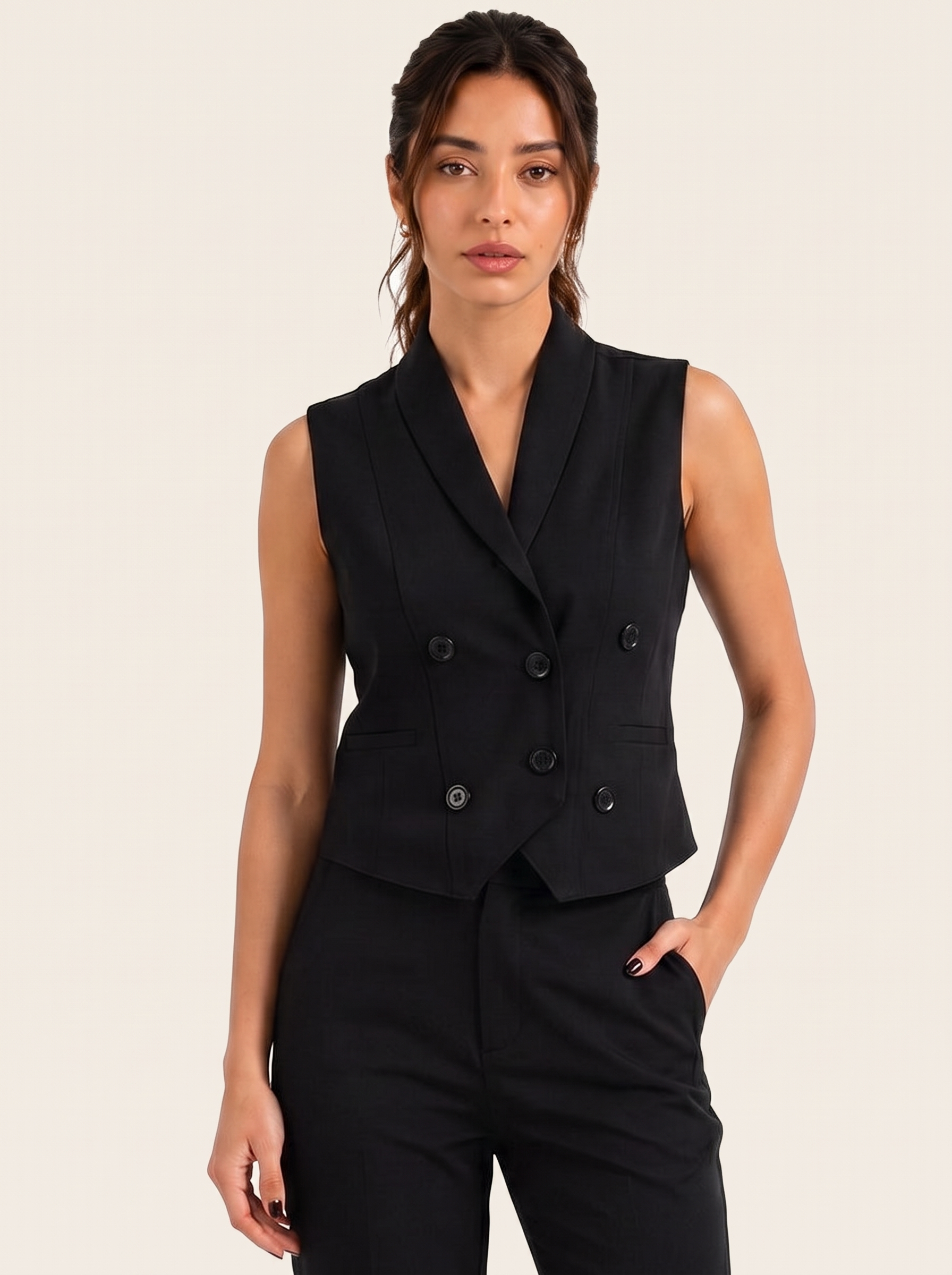 Boss It Waistcoat: Black on warm bone background