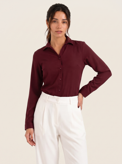 Signature Ultra-Soft Shirt: Maroon on warm bone background