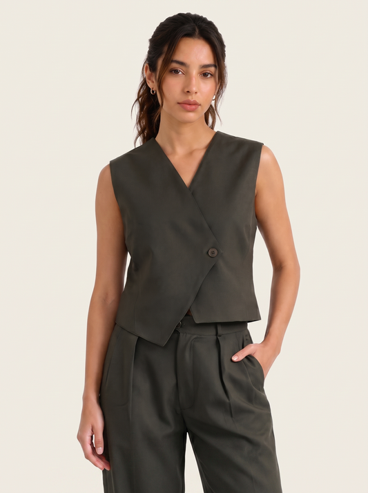 Slash It Waistcoat: Olive on warm bone background