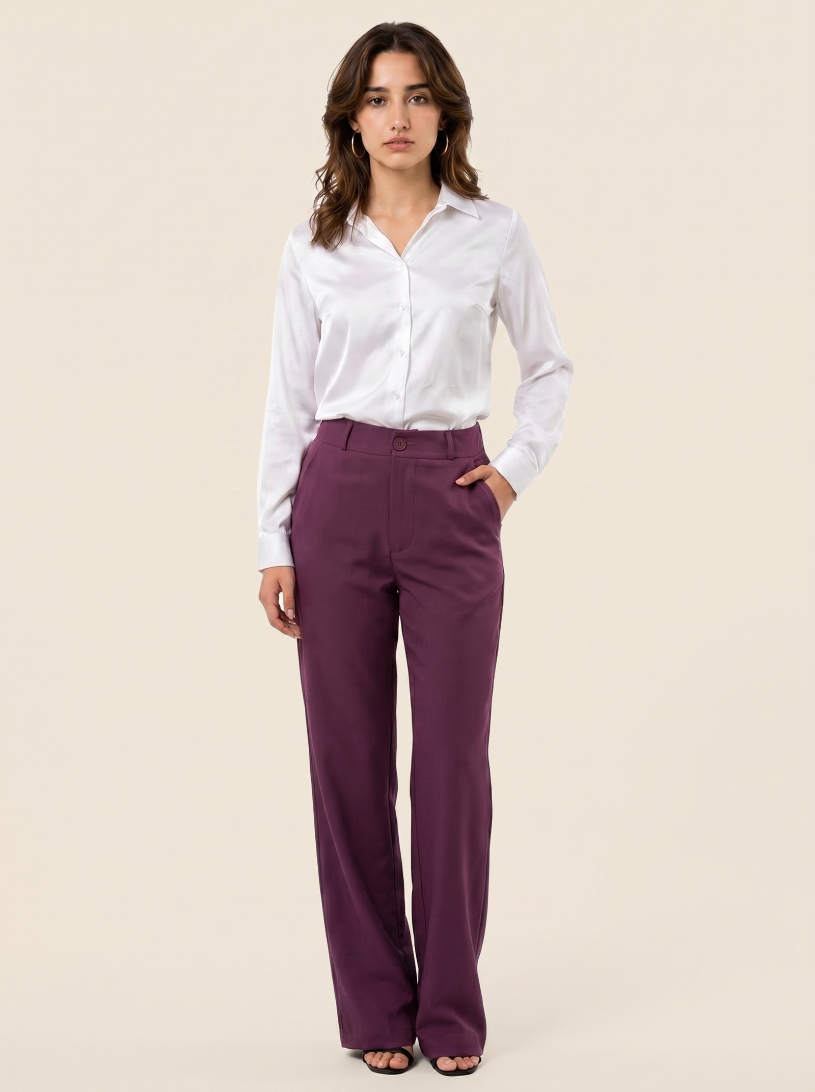 Silky Satin Shirt: White on warm bone background