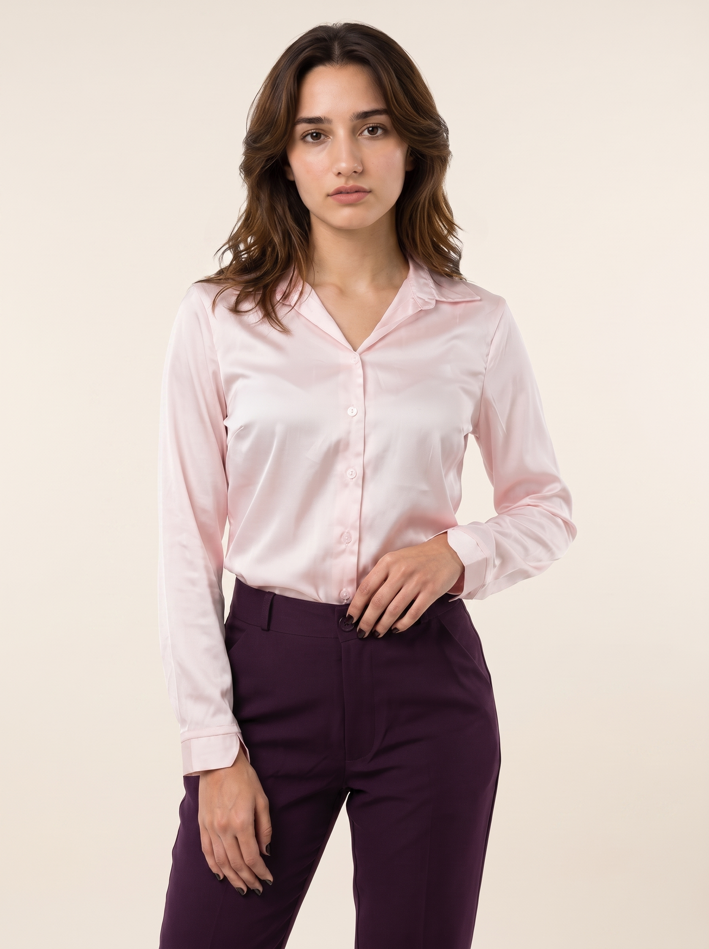 Silky Satin Shirt: Pink on warm bone background