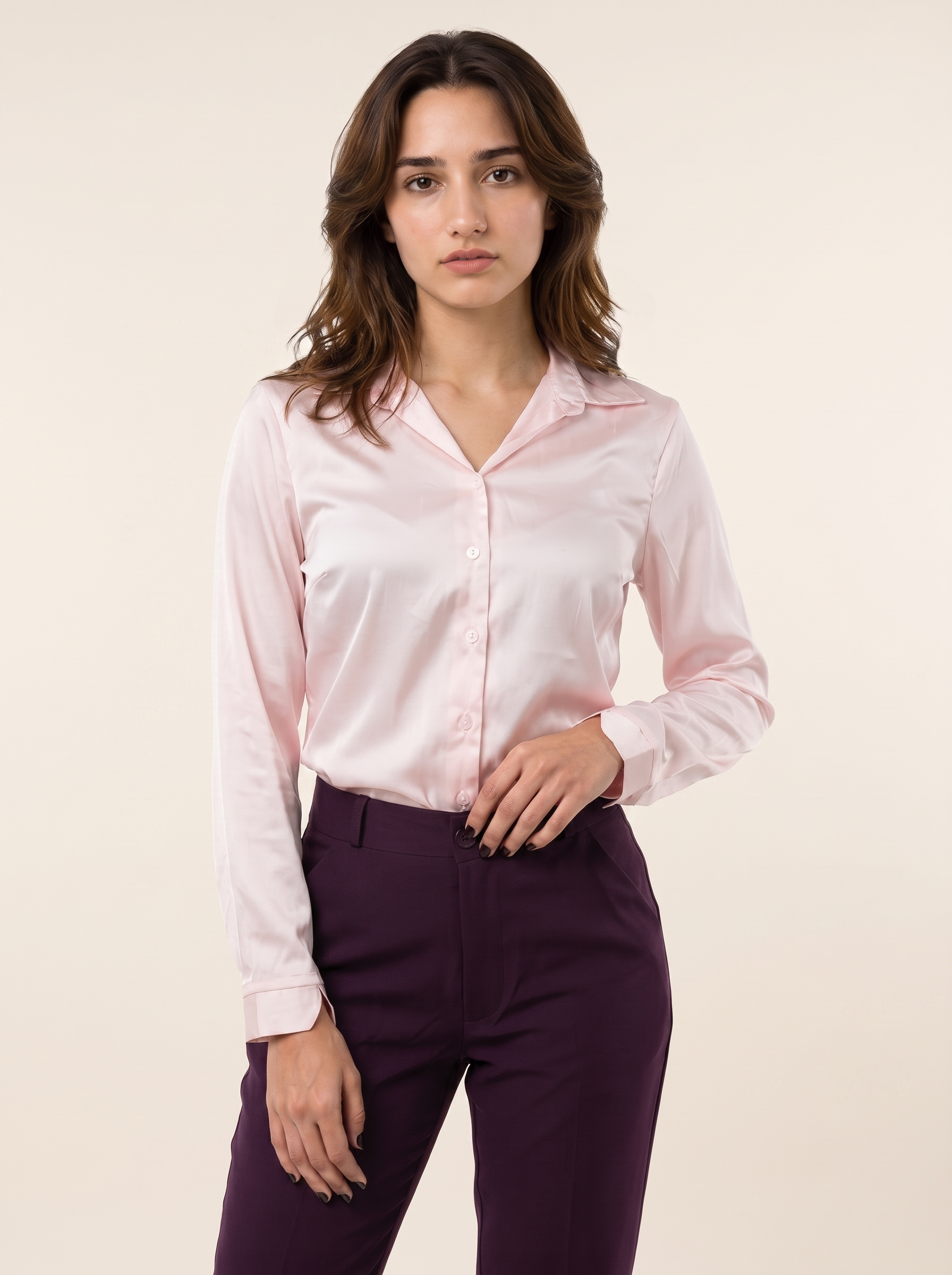 Silky Satin Shirt: Pink on warm bone background