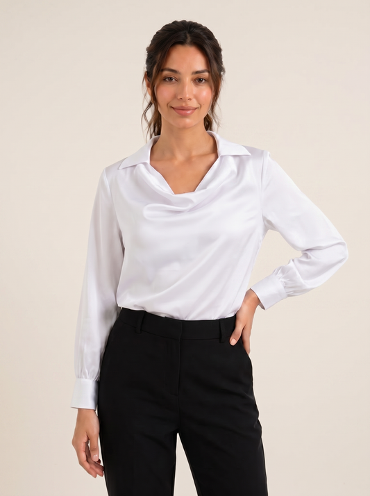 Korean Cowl Neck Shirt: White on warm bone background