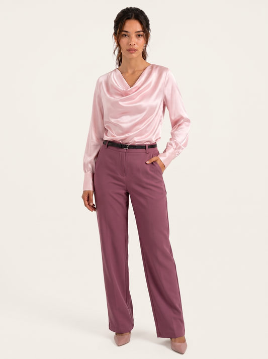 Korean Cowl Neck Shirt Pink with Fit-It pants Mauve on warm bone