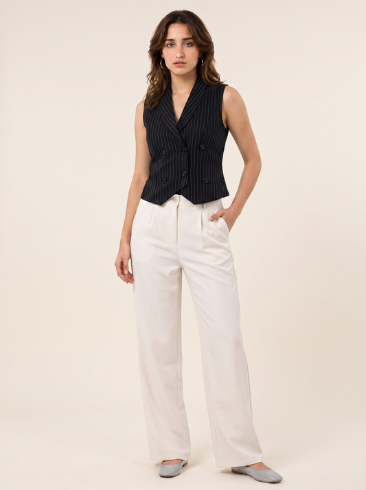 Boss It Striped Waistcoat With Off-white Trousers on warm bone