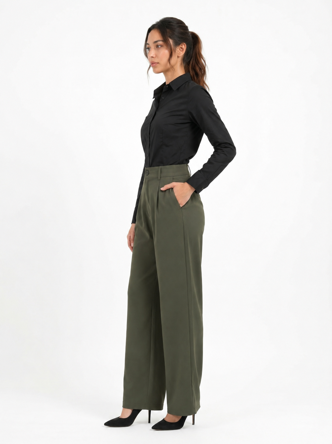 Easy Fit High-Waist Pants : Olive