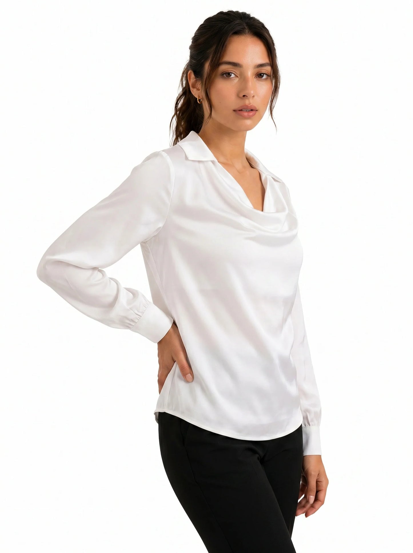 Korean Cowl Neck Shirt: Silky White