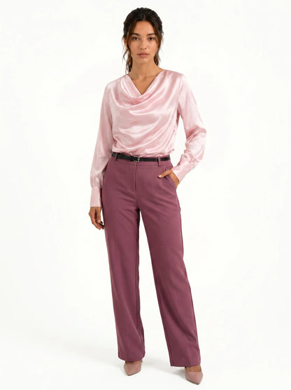 Korean Cowl Neck Shirt (Pink) with High-waist Fit-It pants (Mauve)