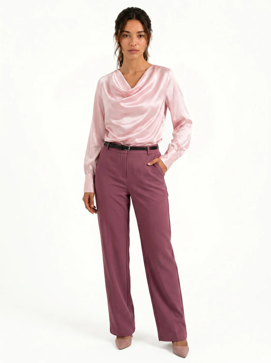 Korean Cowl Neck Shirt (Pink) with High-waist Fit-It pants (Mauve)
