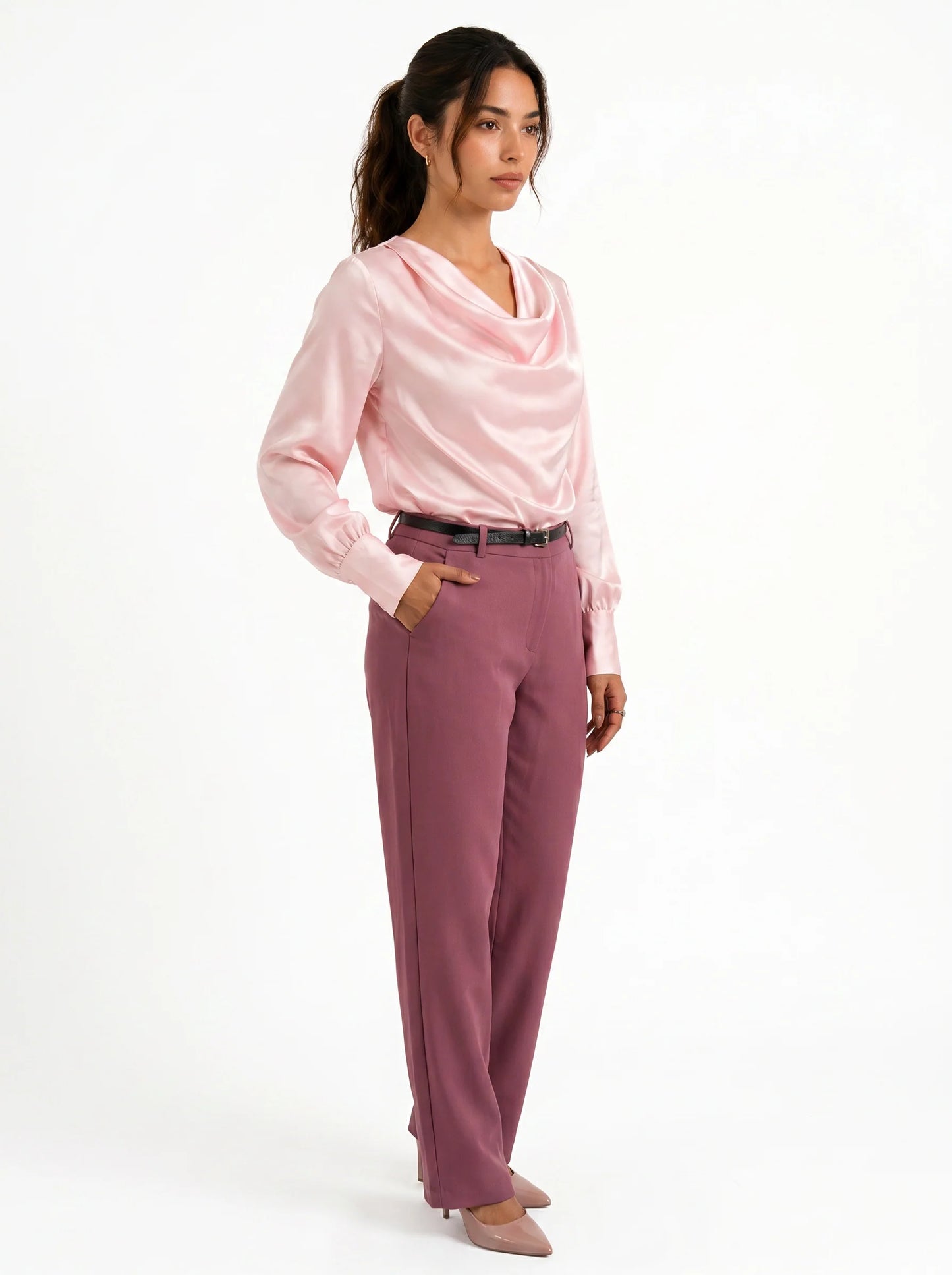 Korean Cowl Neck Shirt (Pink) with High-waist Fit-It pants (Mauve)