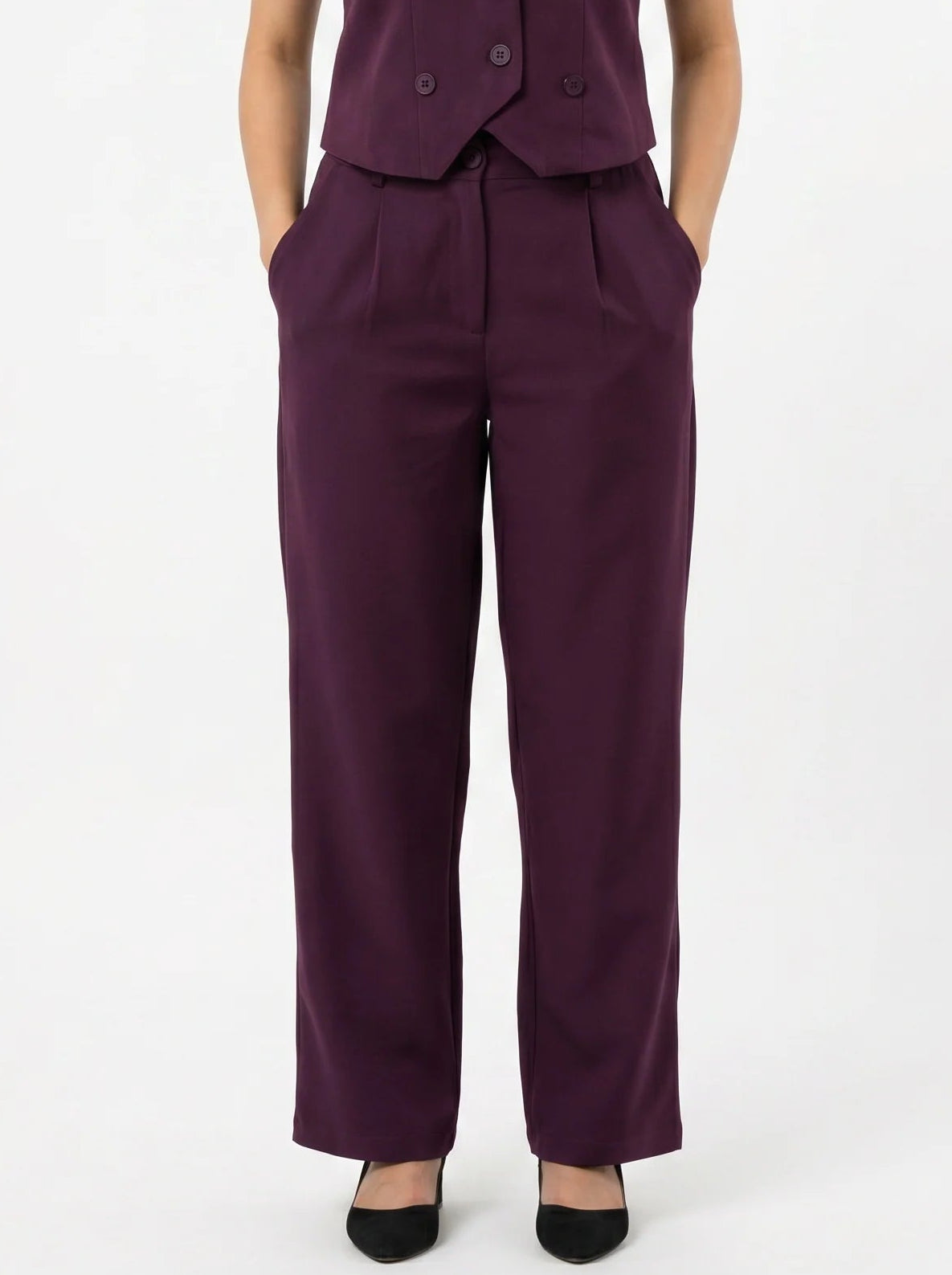 Easy Fit Mid-Waist Pants : Wine